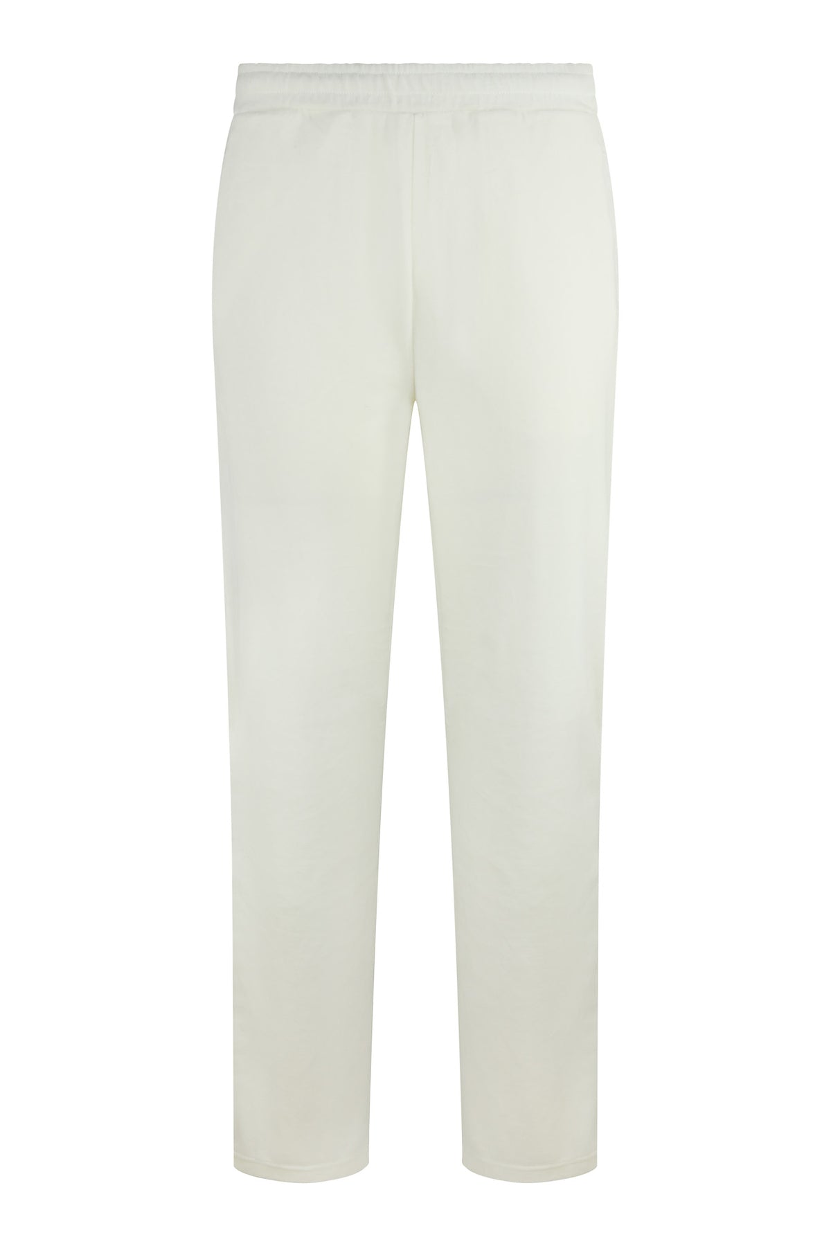 White velour track pants with elastic waistband and straight leg