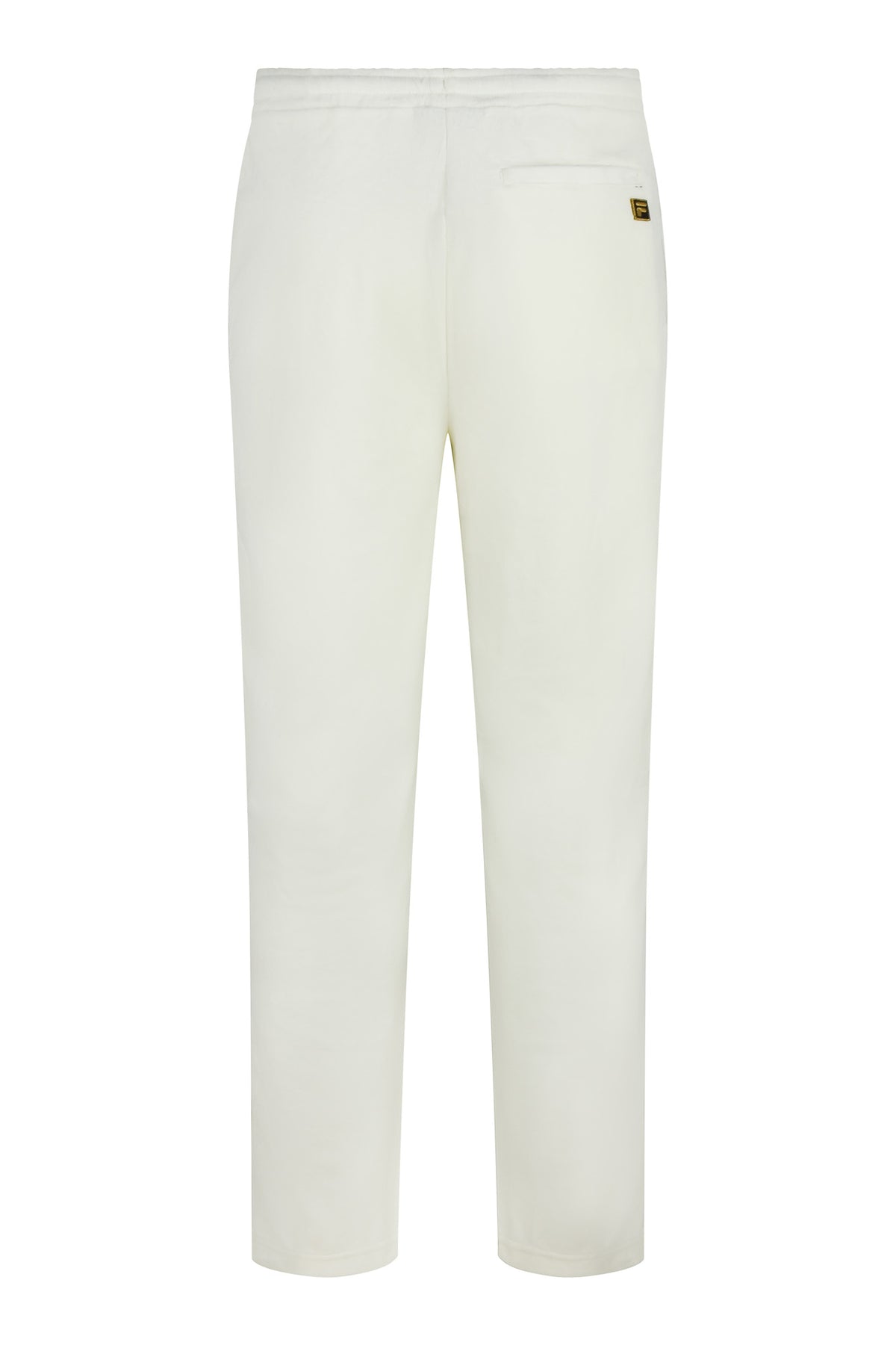 White velour track pants with small F logo on right thigh