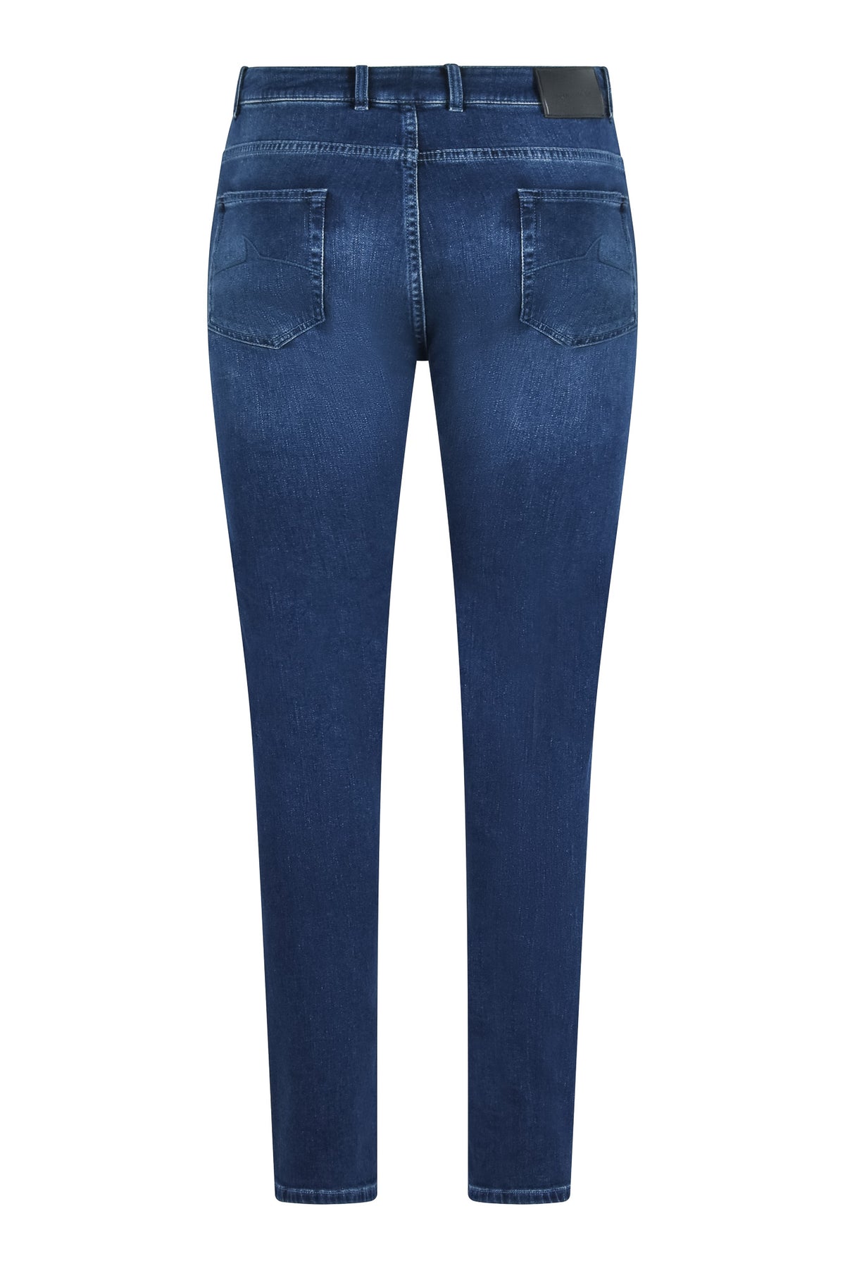 Back view of mid-blue jeans with two patch pockets and a black waistband badge