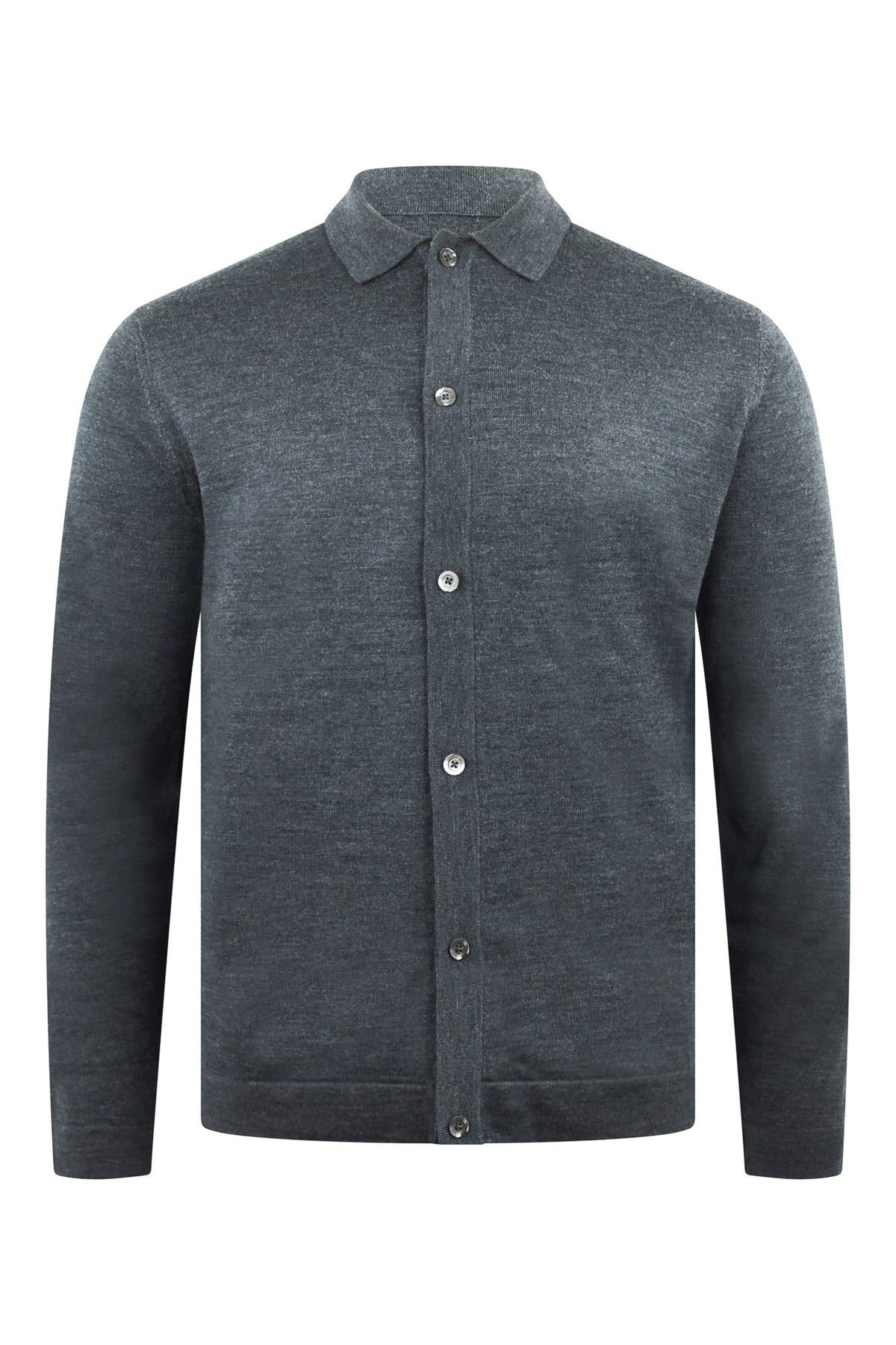 WAHTS Pearson extrafine merino cardigan in dark gray melange, with collar and button front