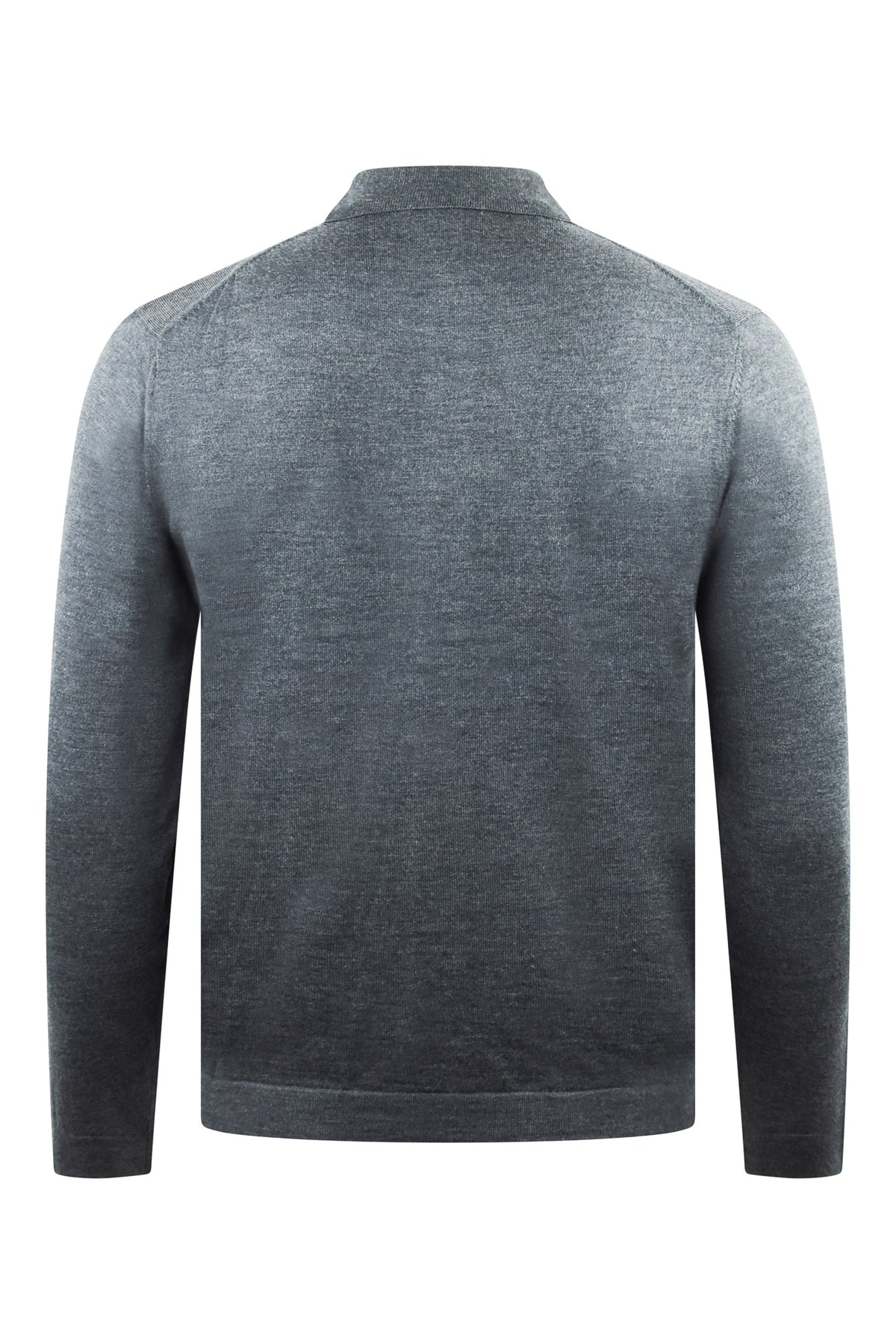 Back of the dark gray melange merino cardigan with long sleeves and a ribbed hem