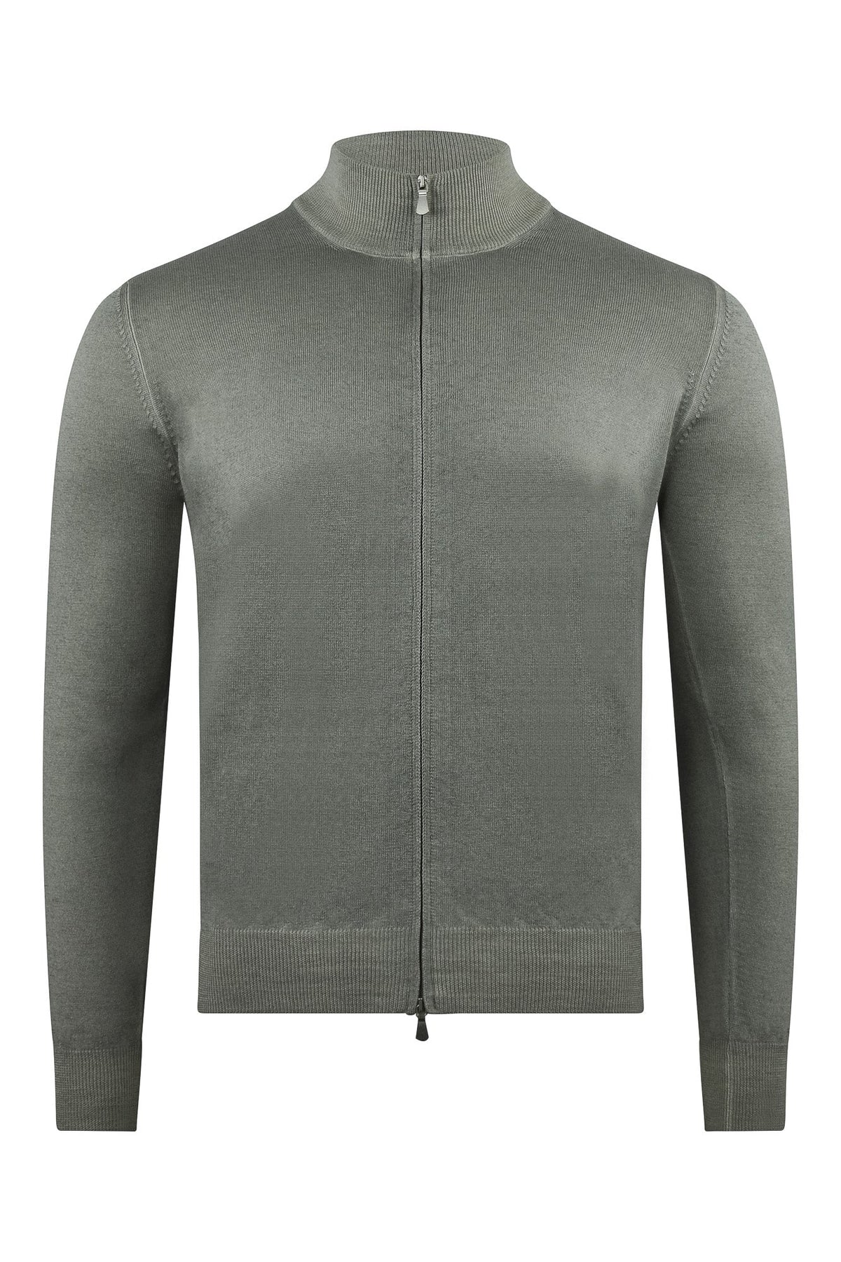 Zattura grey-beige full-zip cardigan with stand collar and long sleeves, front view