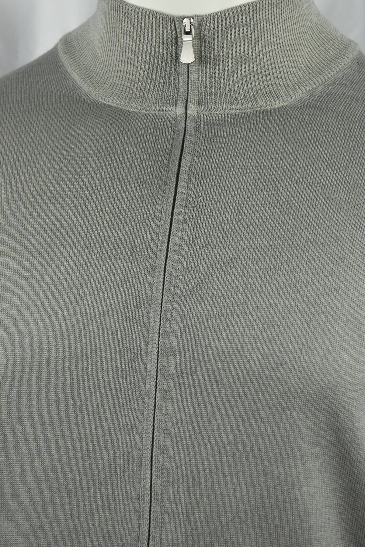 Grey-beige cardigan close-up showing the stand collar and front zipper
