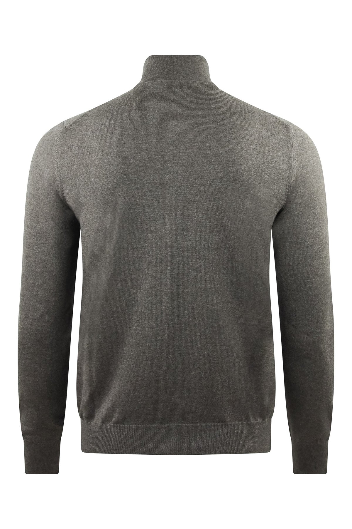 Back of the charcoal gray knitted cardigan with long sleeves and ribbed hem