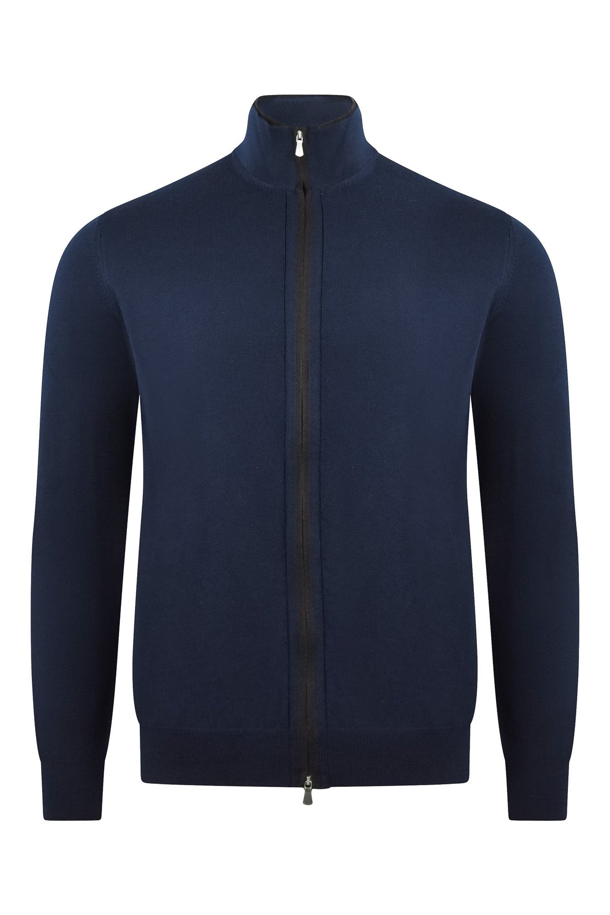 Navy knitted cardigan with a full-length zip and stand collar