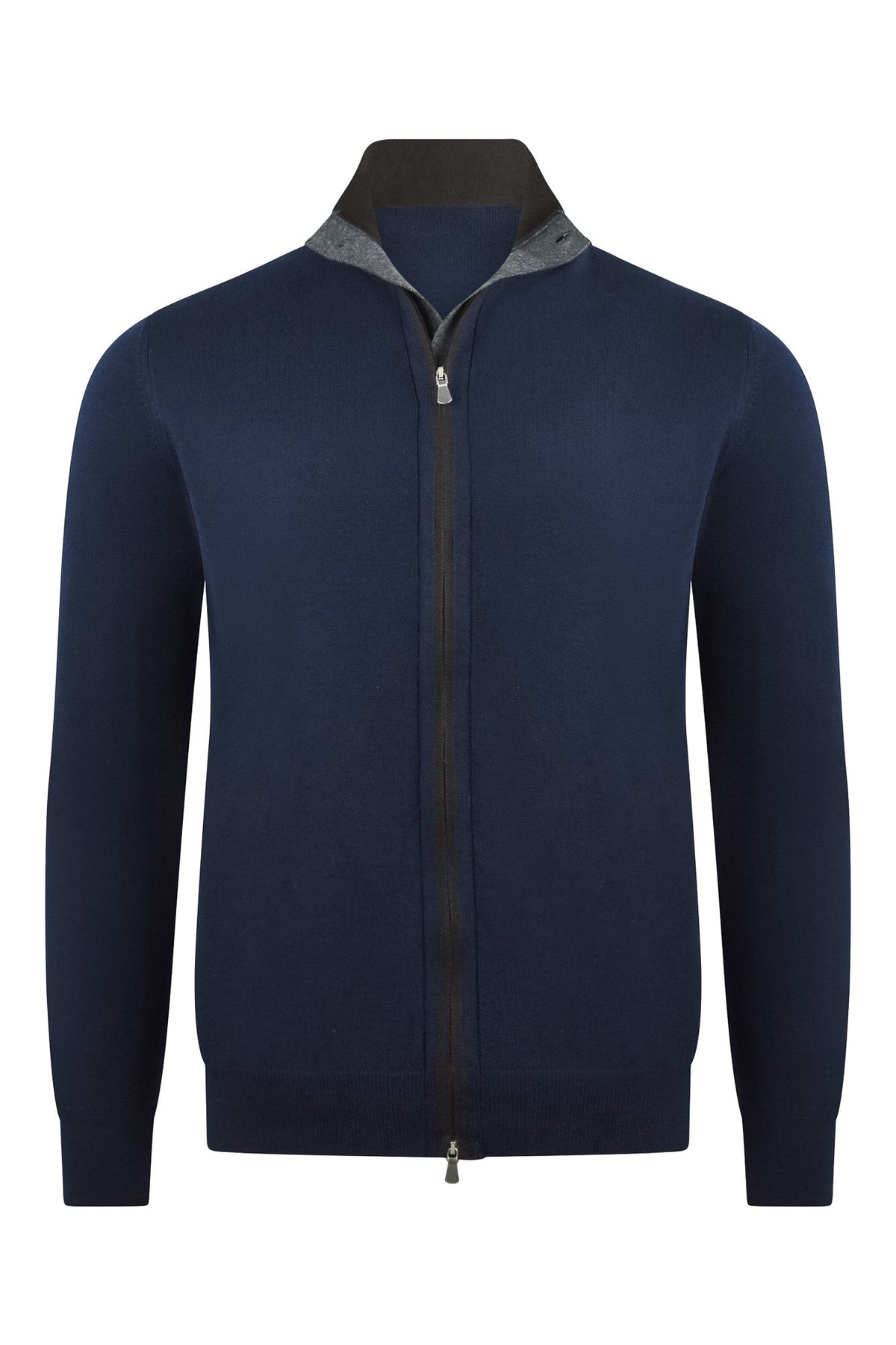 Navy knitted cardigan with zip front, folded collar and gray inner facing