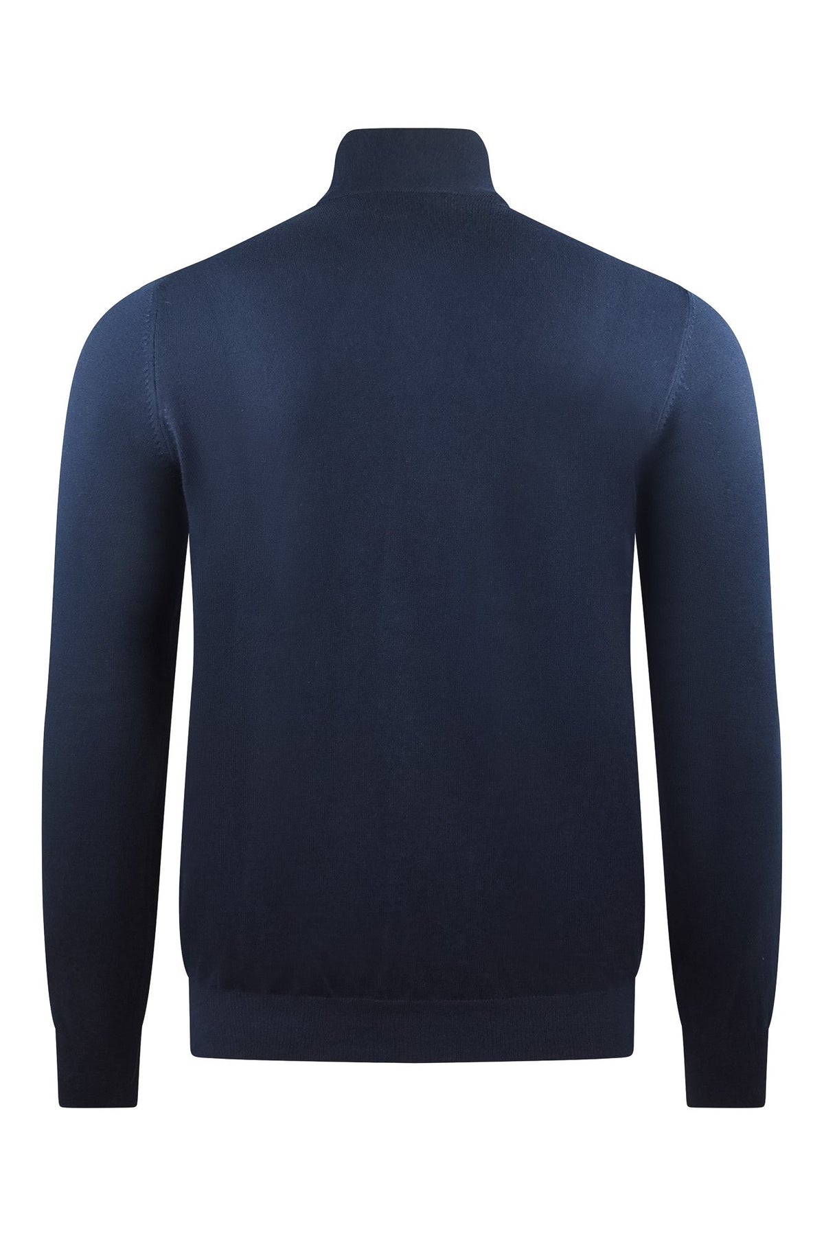 Back view of a navy knitted cardigan with a stand collar