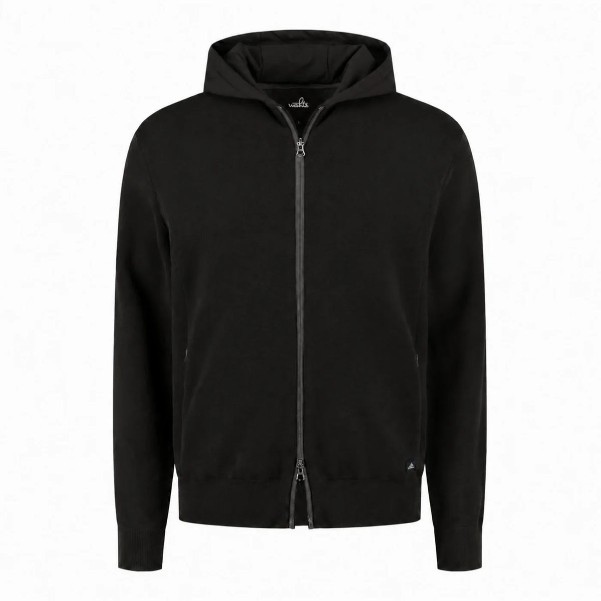 Dark full-zip hoodie with hood and long sleeves, front zipper