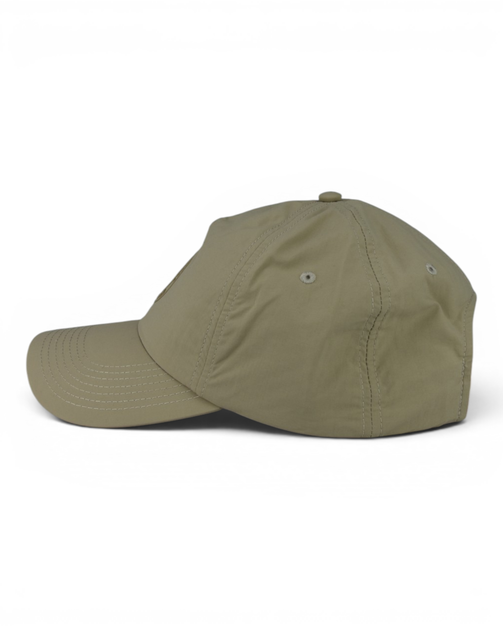 Beige nylon cap with adjustable strapback and stitched eyelets