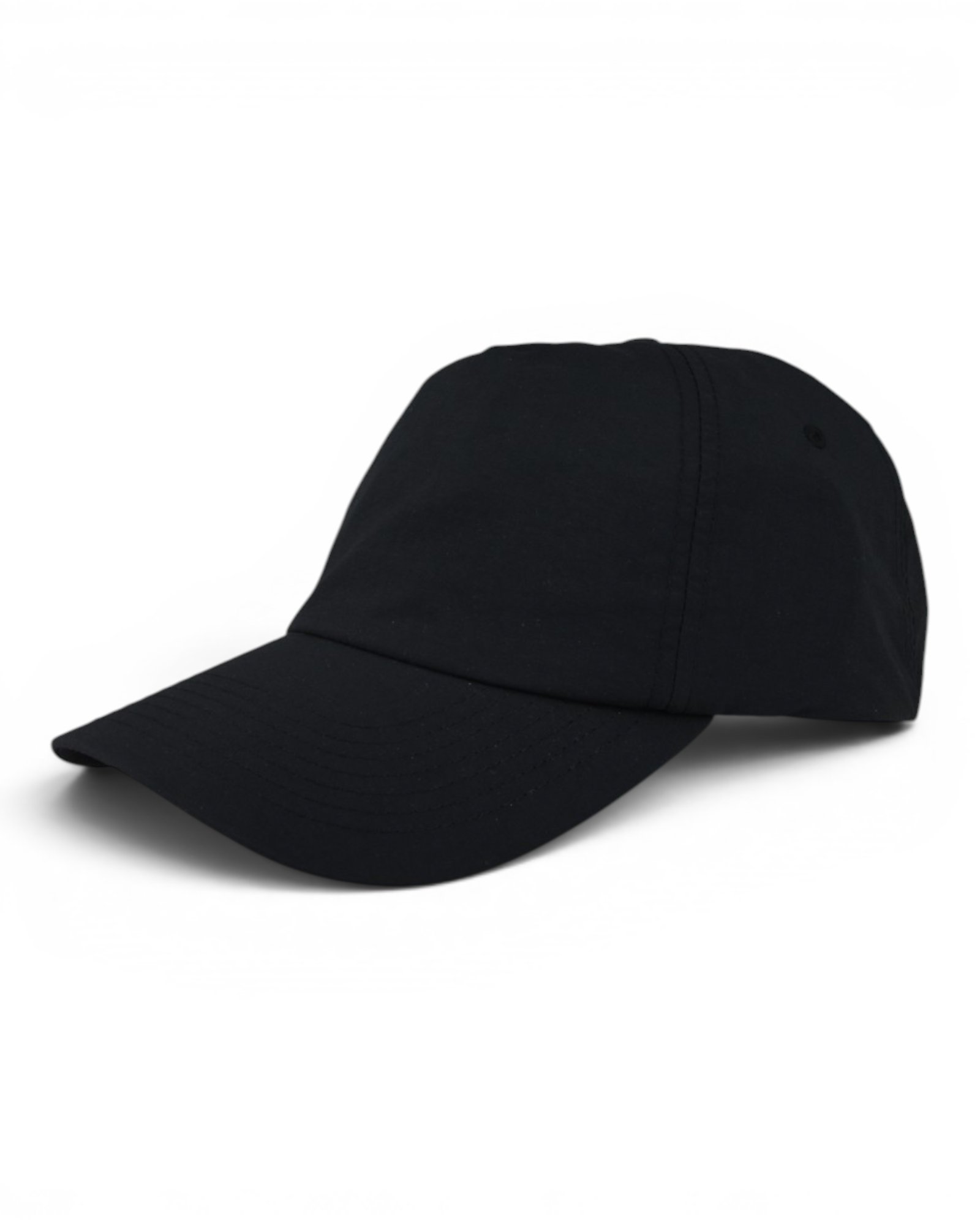 Black nylon baseball cap with curved brim and stitched logo detail