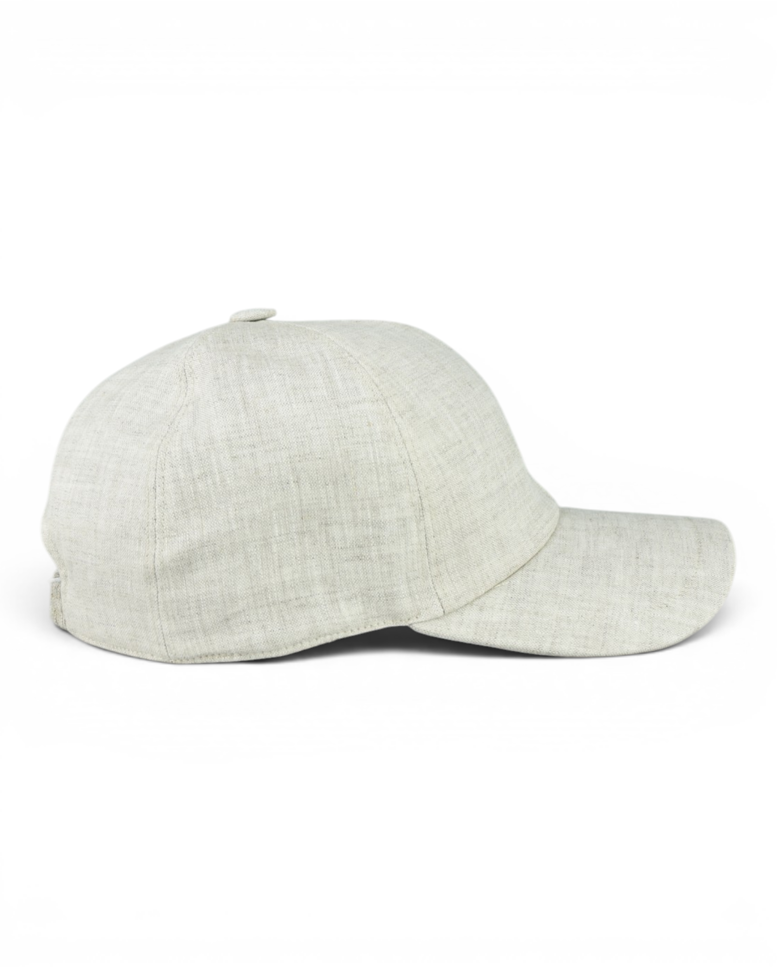 Stone grey linen baseball cap, side profile with curved brim and low crown