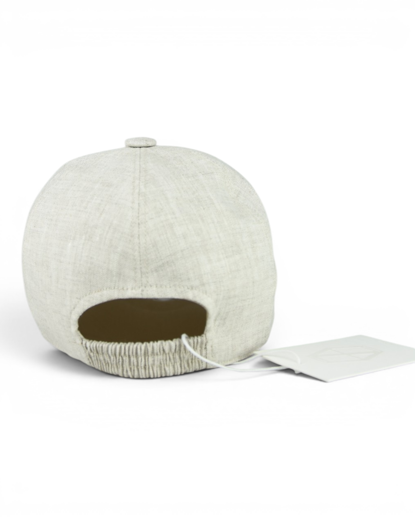Stone grey linen baseball cap showing open back with elasticized inner band