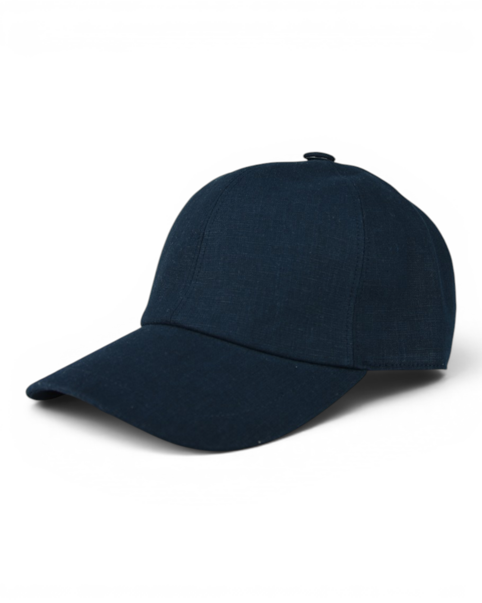 Elasticated linen baseball cap in navy blue, curved brim with top button