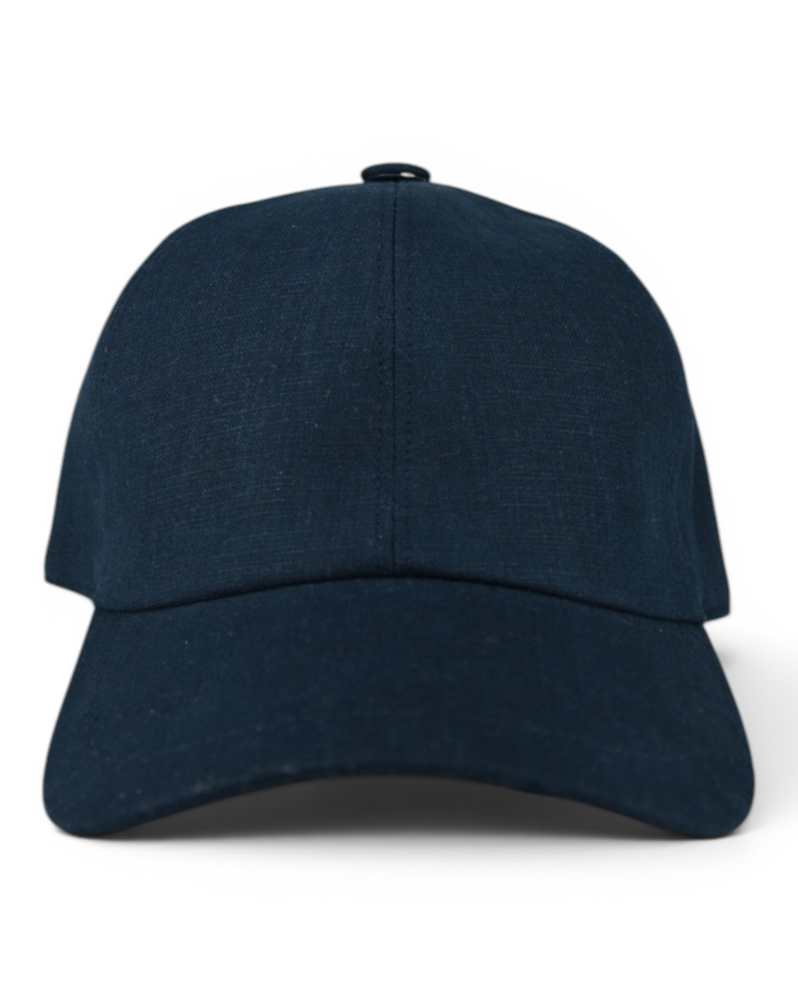 Elasticated linen baseball cap, navy with stitched front panel and curved brim