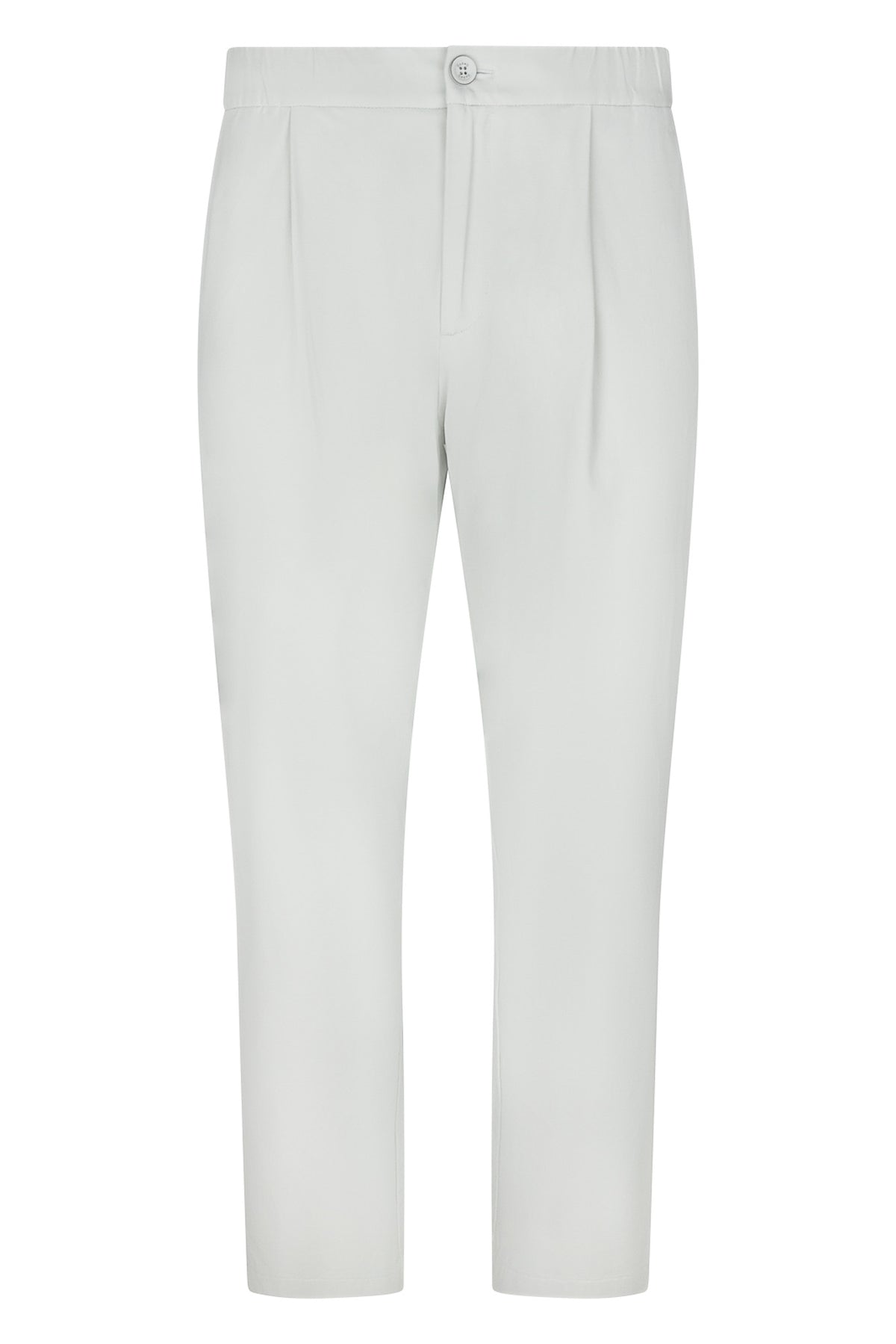 Off-white nylon jersey pants with elastic waistband and drawstring, straight cropped legs