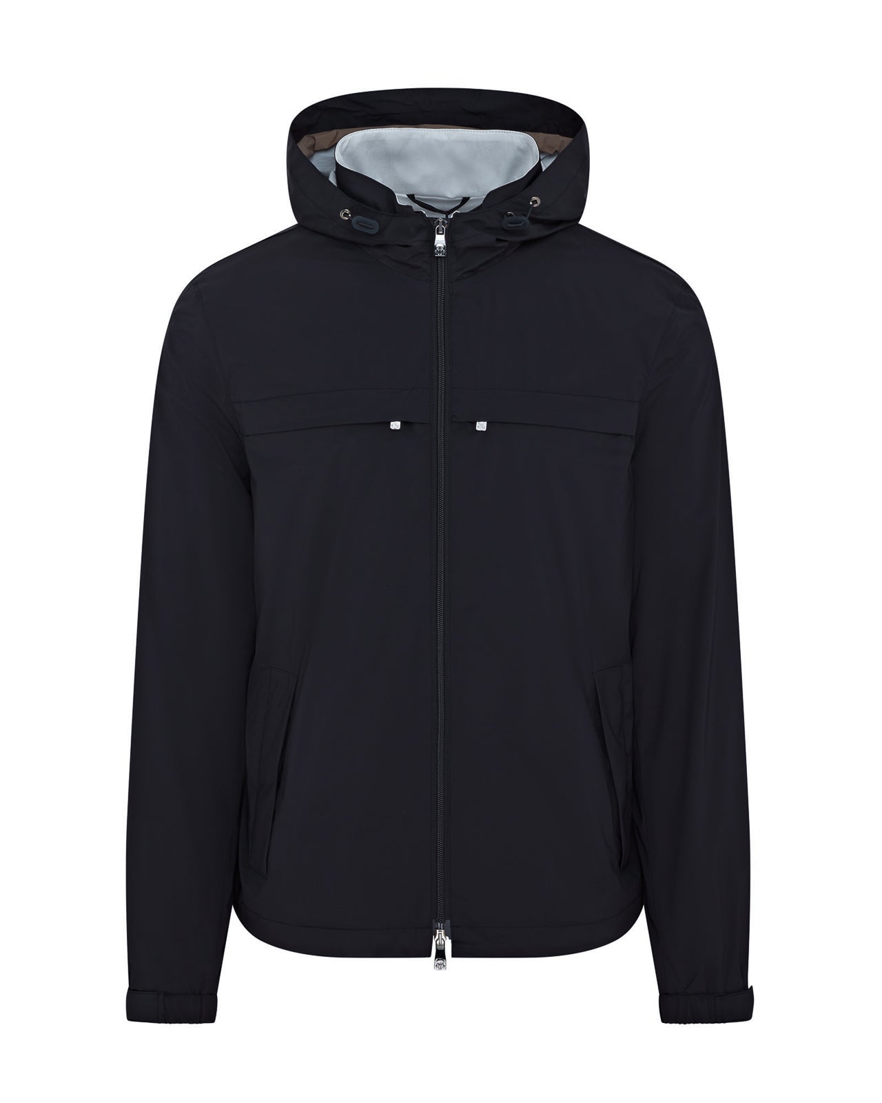 Navy hooded packable jacket with full-length zipper and drawstring hem