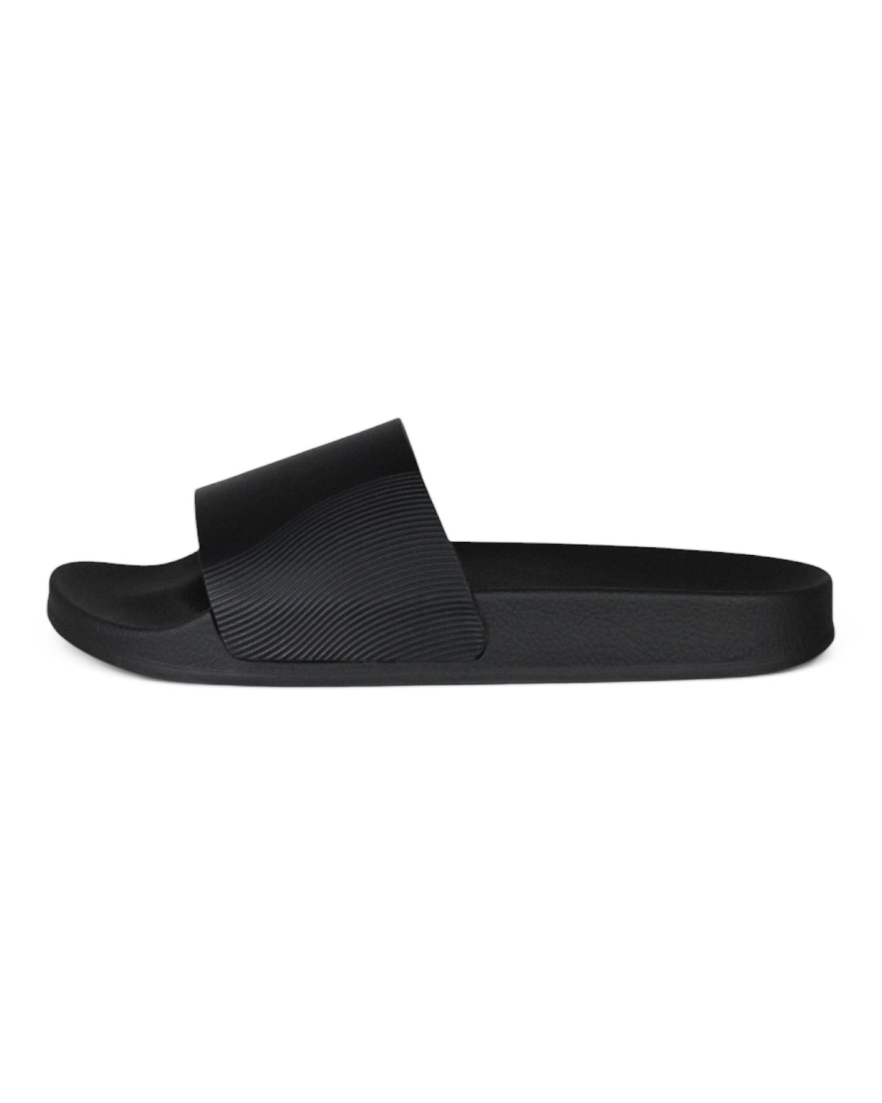 Black leather wave-print slide sandal with textured strap over dark sole