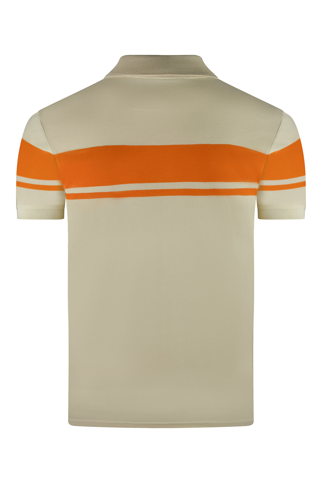 Kids polo shirt back view in sand and orange with horizontal stripe band