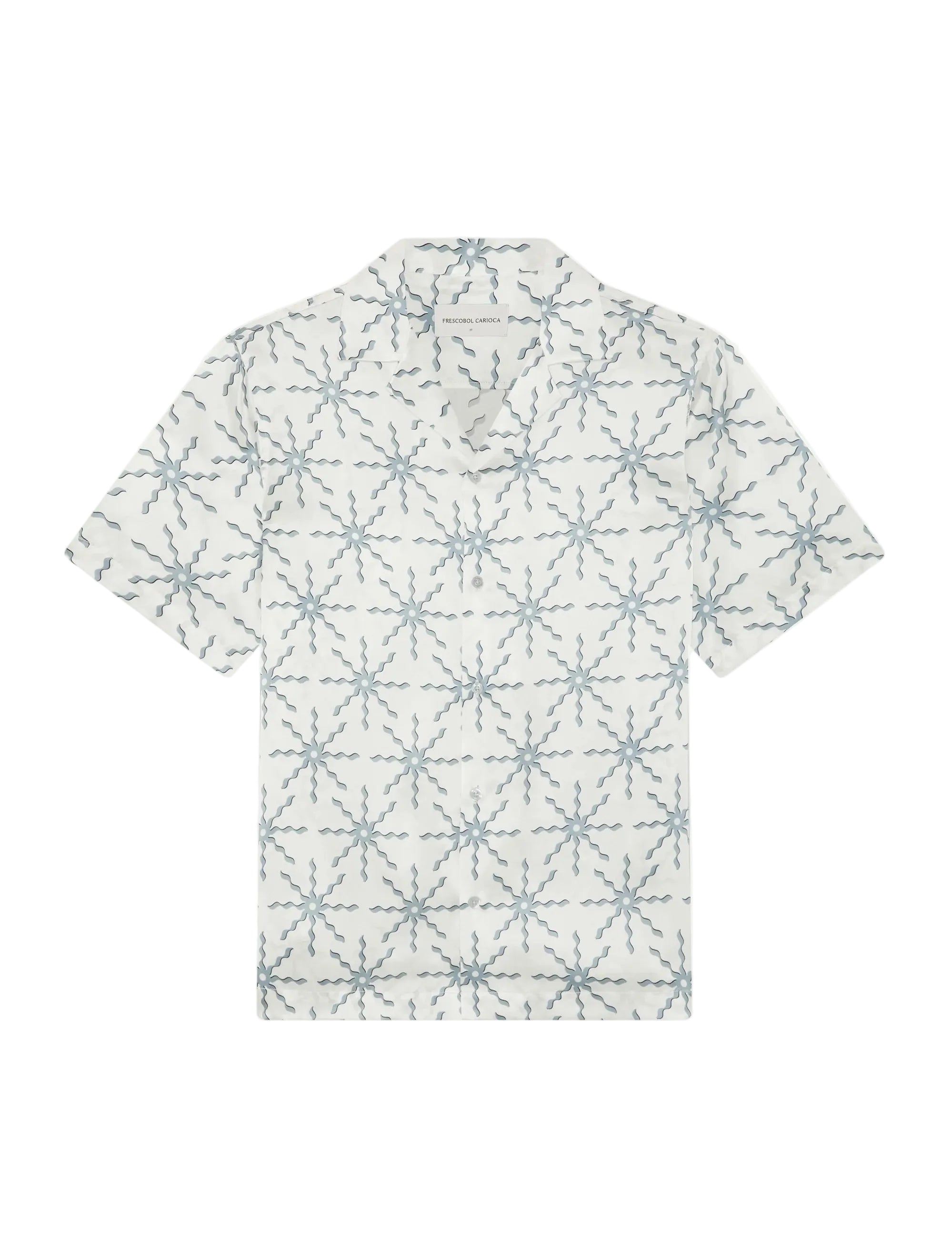 White t-shirt with blue geometric pattern on a white background