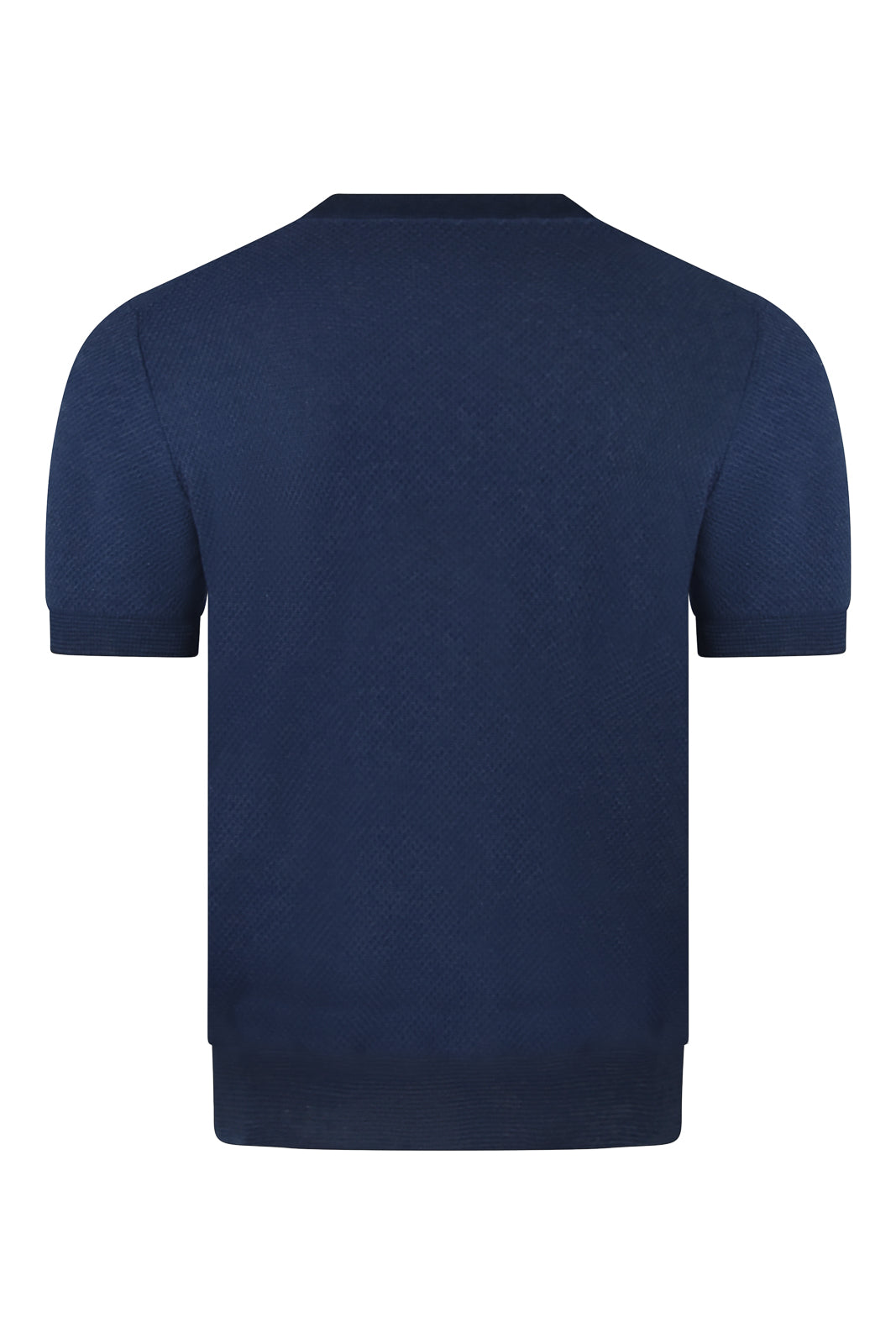 Navy textured knit short-sleeve T-shirt, back view with ribbed hem