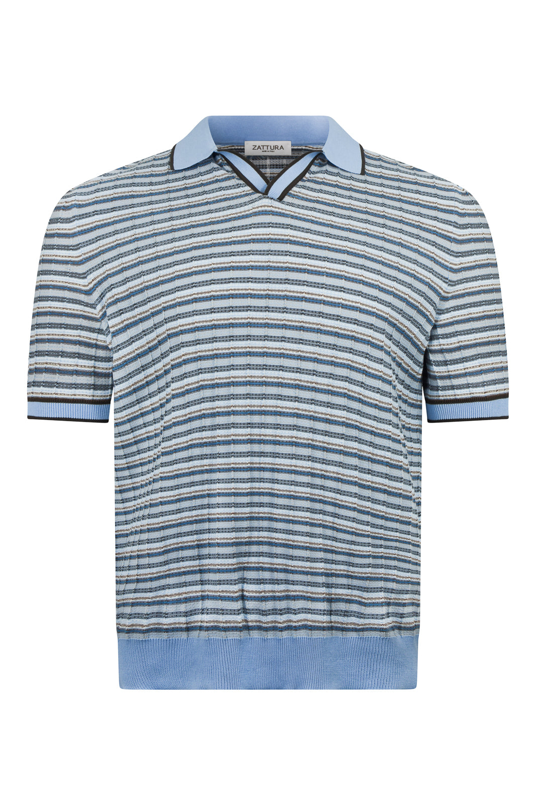 Striped open-collar polo shirt in blue tones, short sleeves, ribbed hem and cuffs