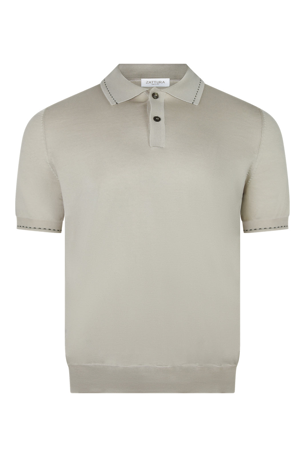 Stone beige silk-mix polo with two-button placket and stitched collar