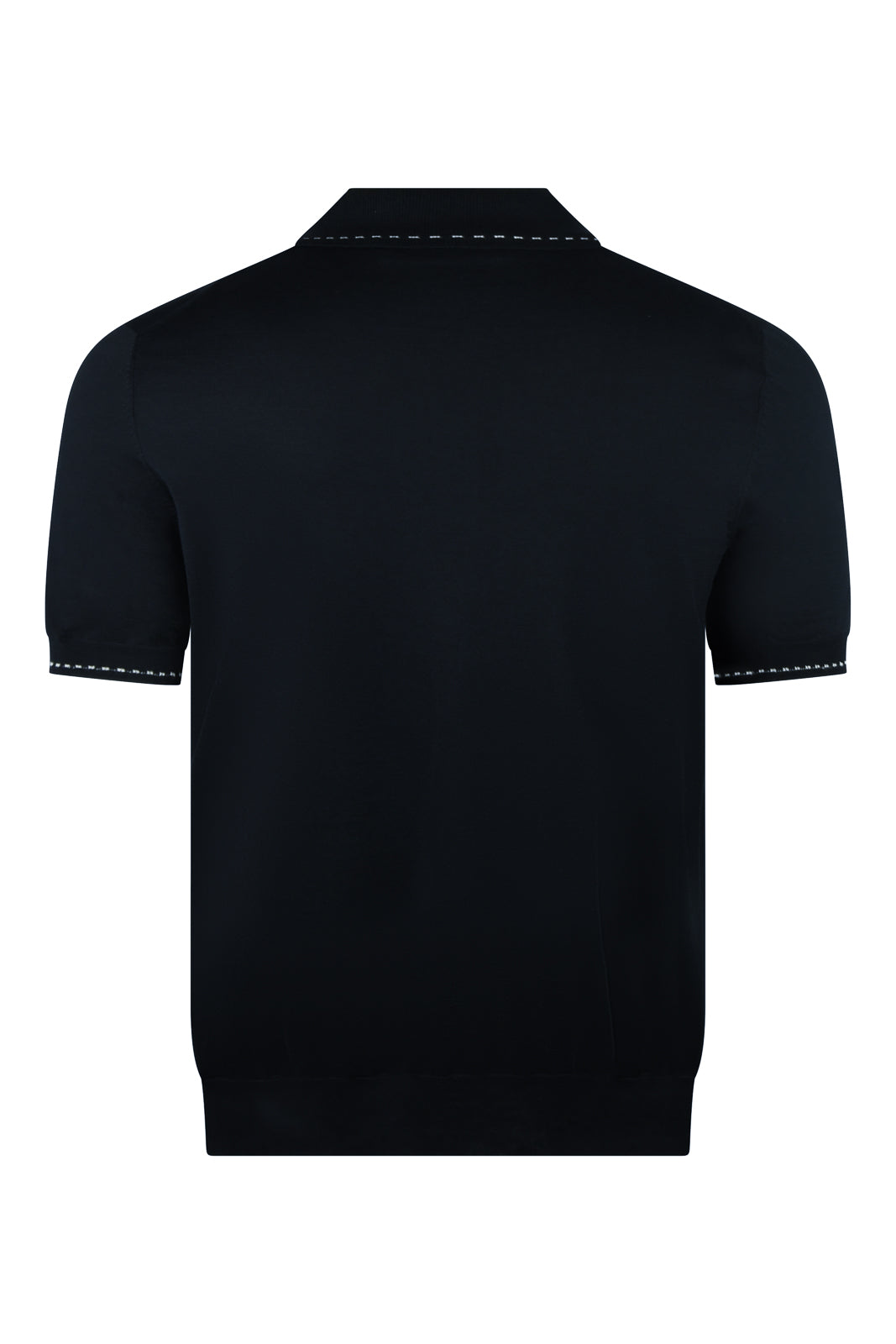 Navy silk-mix polo shirt, back view, contrast stitched hem and sleeve edges