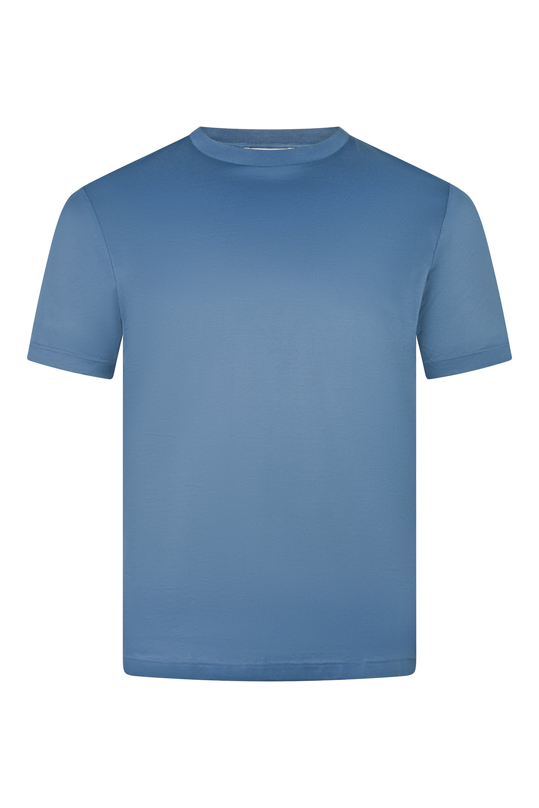 High-collar short sleeve t-shirt in deep blue, smooth knit with ribbed neckline.