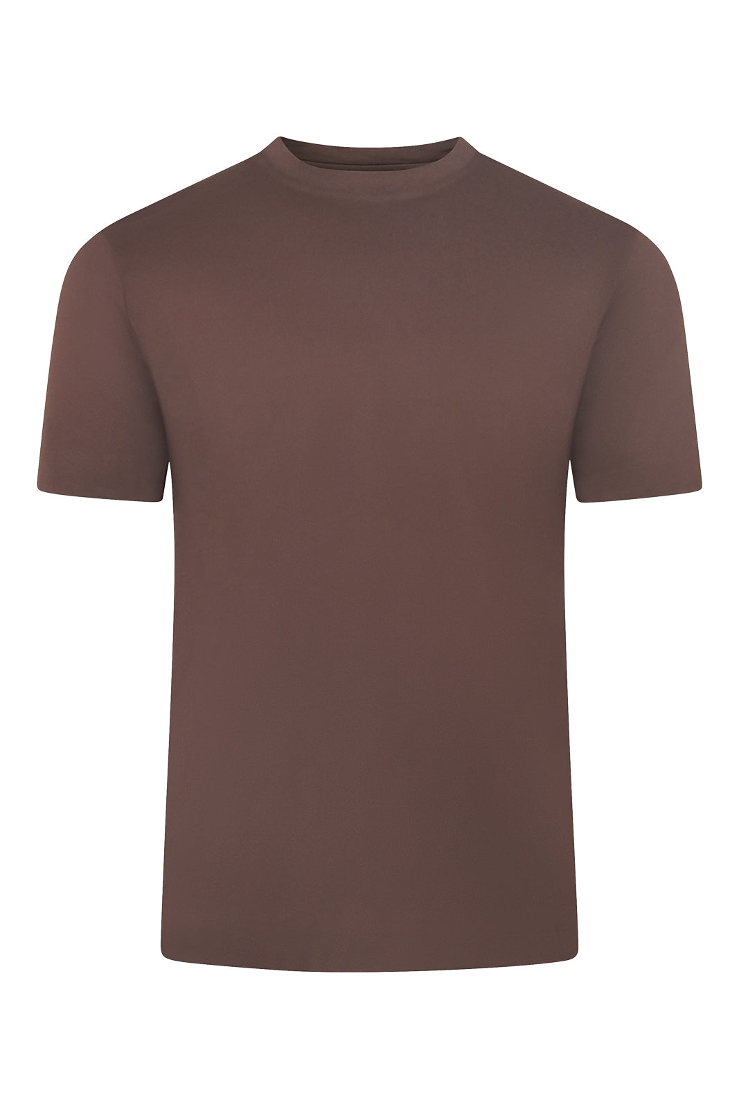 Rust red high-collar short-sleeve T-shirt, back view