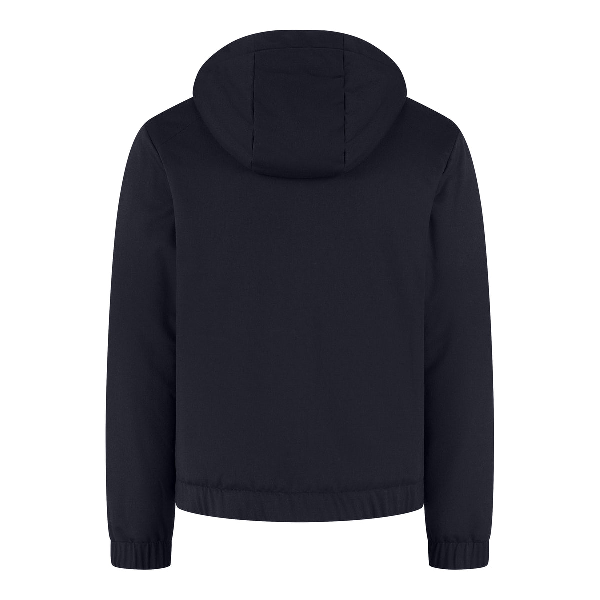 Men's deep navy hooded commuter jacket, back view with elastic cuffs