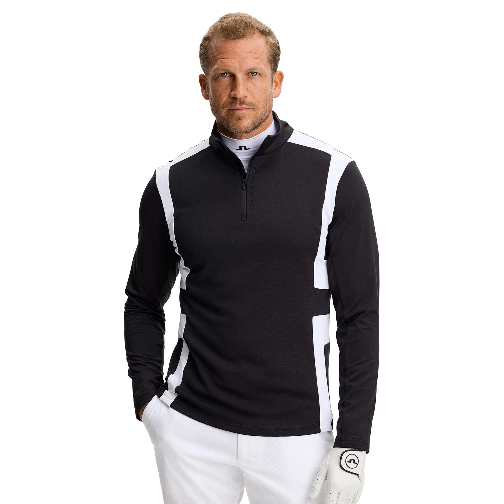 Black quarter-zip mid layer with white panel graphic and stand collar