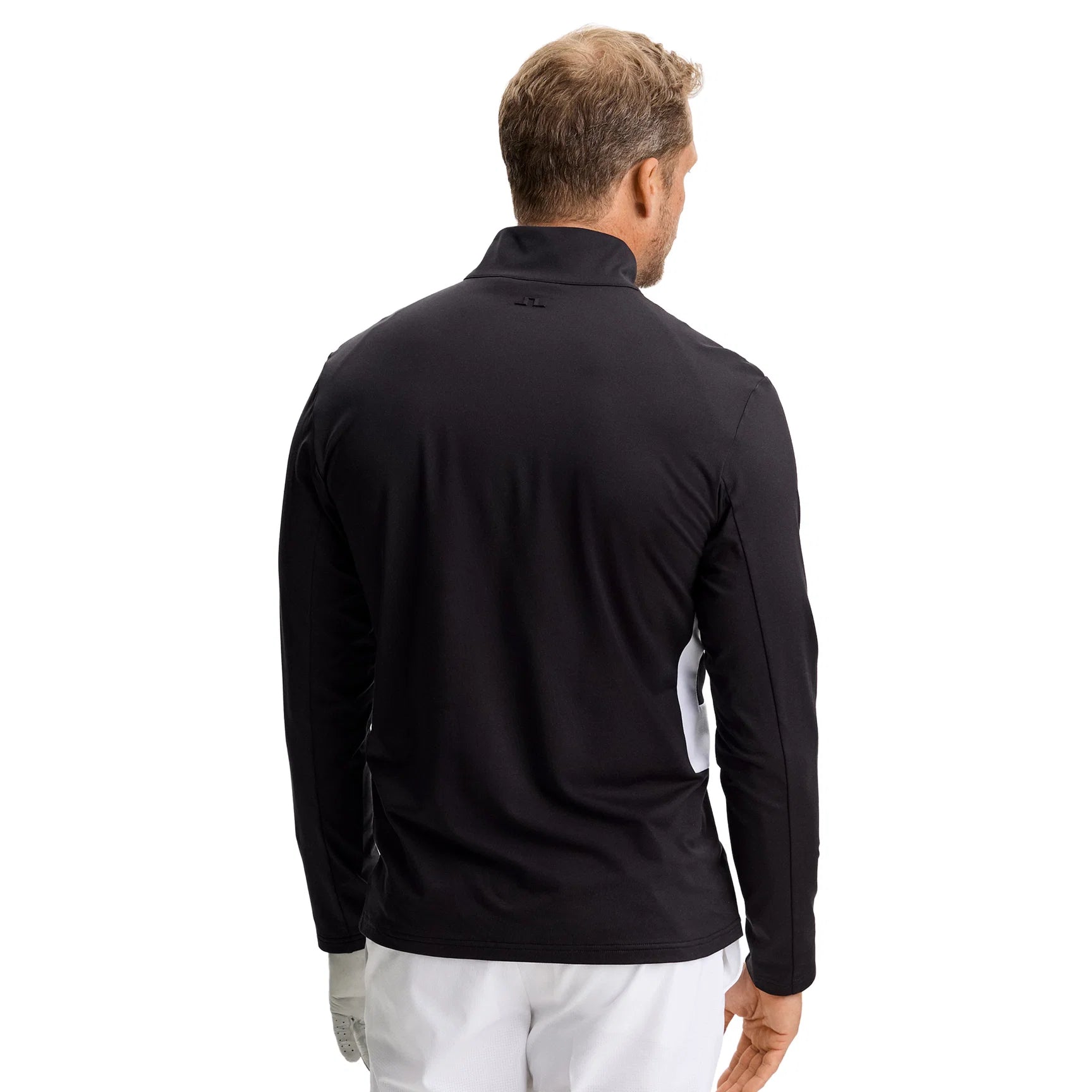 Black quarter-zip mid layer, back view, stand collar and zip placket