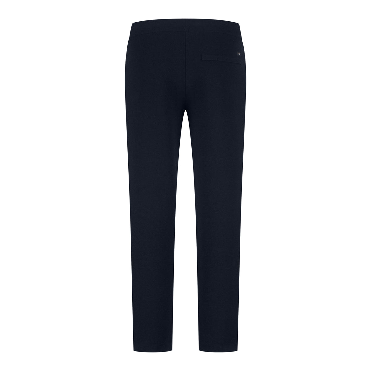 Dark night blue knit lounge pants, back view with patch pocket