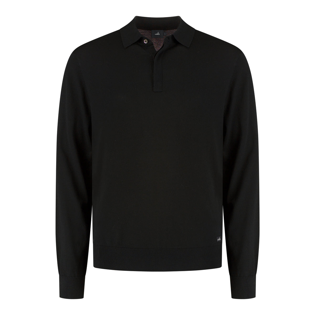 WAHTS black extrafine merino polo shirt with long sleeves and button placket