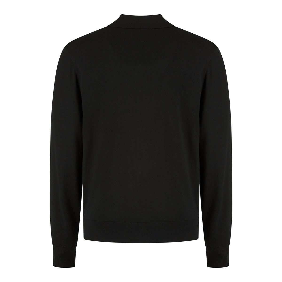 WAHTS black extrafine merino polo shirt, back view, long sleeves, ribbed collar