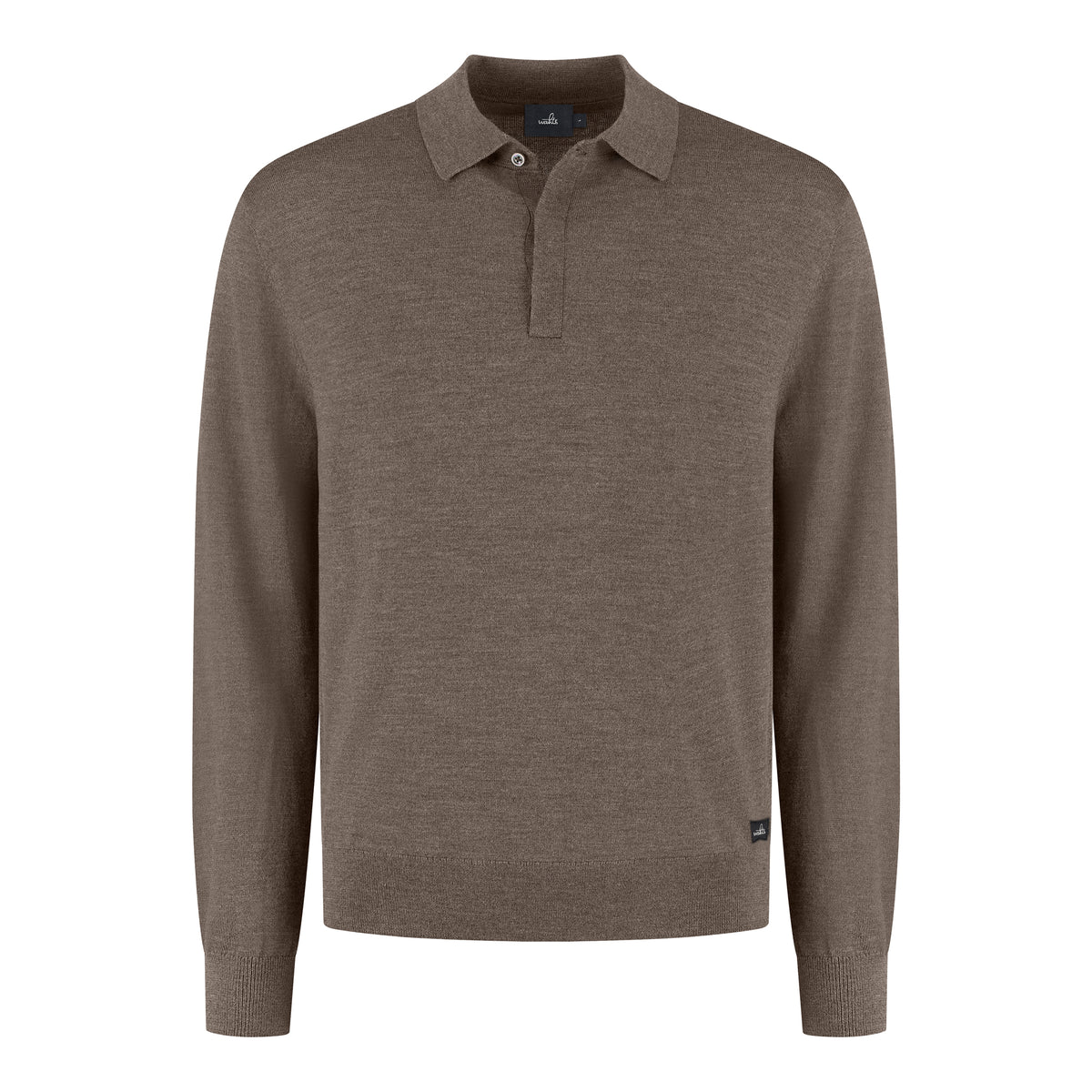 Men's taupe melange long-sleeve merino polo shirt with button placket and collar