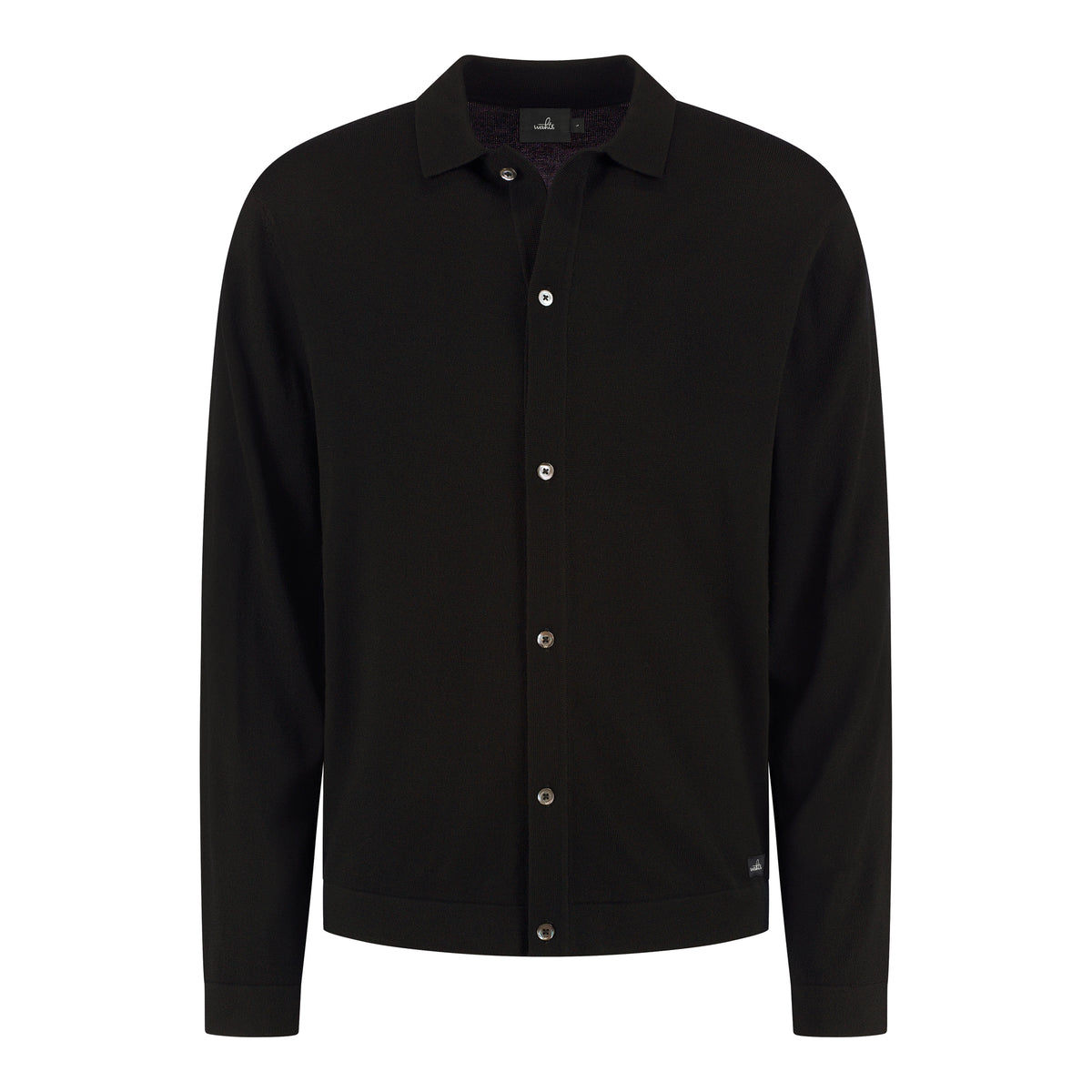 Black merino cardigan with button-up front and pointed collar