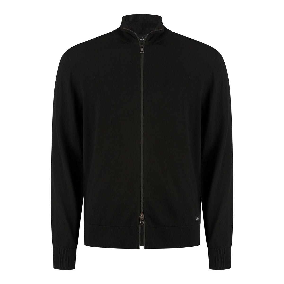 Black merino full-zip cardigan with stand collar and front zipper