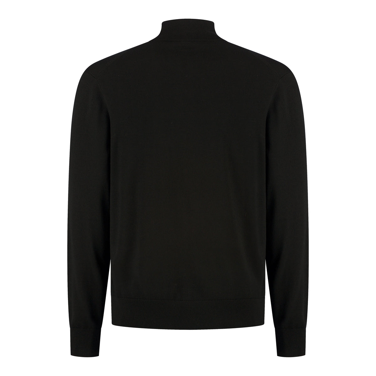 Black merino full-zip cardigan, back view with ribbed hem and sleeves