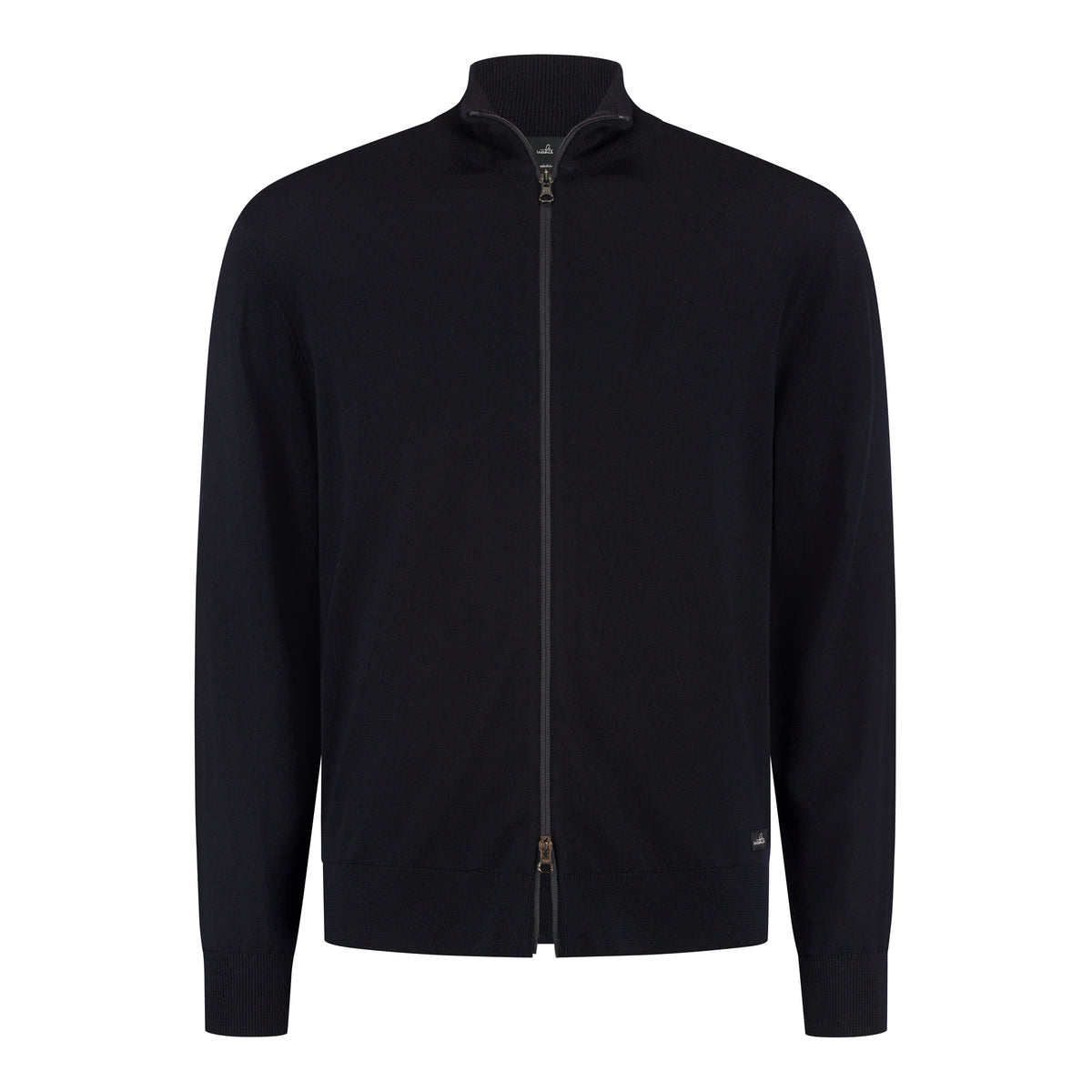 Dark blue full-zip merino cardigan with stand collar and ribbed cuffs