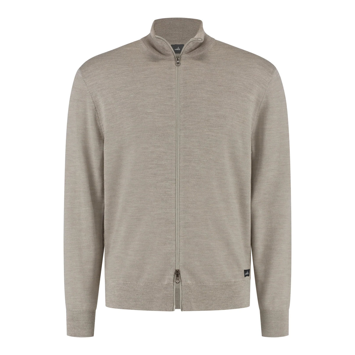WAHTS taupe melange merino cardigan front with full zip and stand collar
