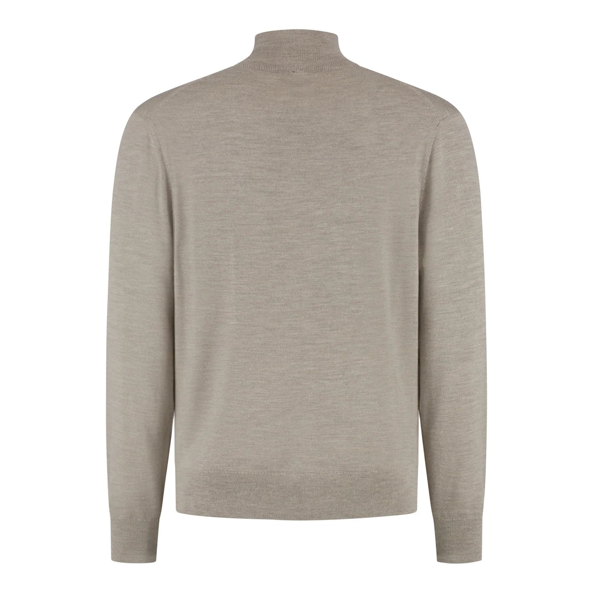 WAHTS taupe melange merino cardigan, back view with long sleeves and stand collar