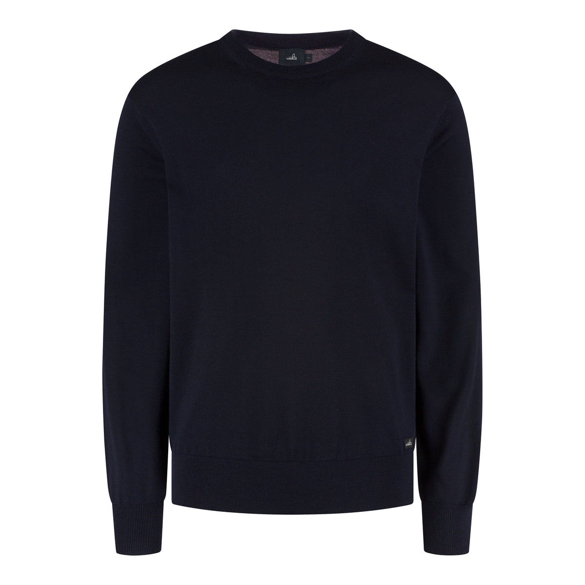 WAHTS Reynolds night blue merino crewneck pullover with ribbed collar and cuffs
