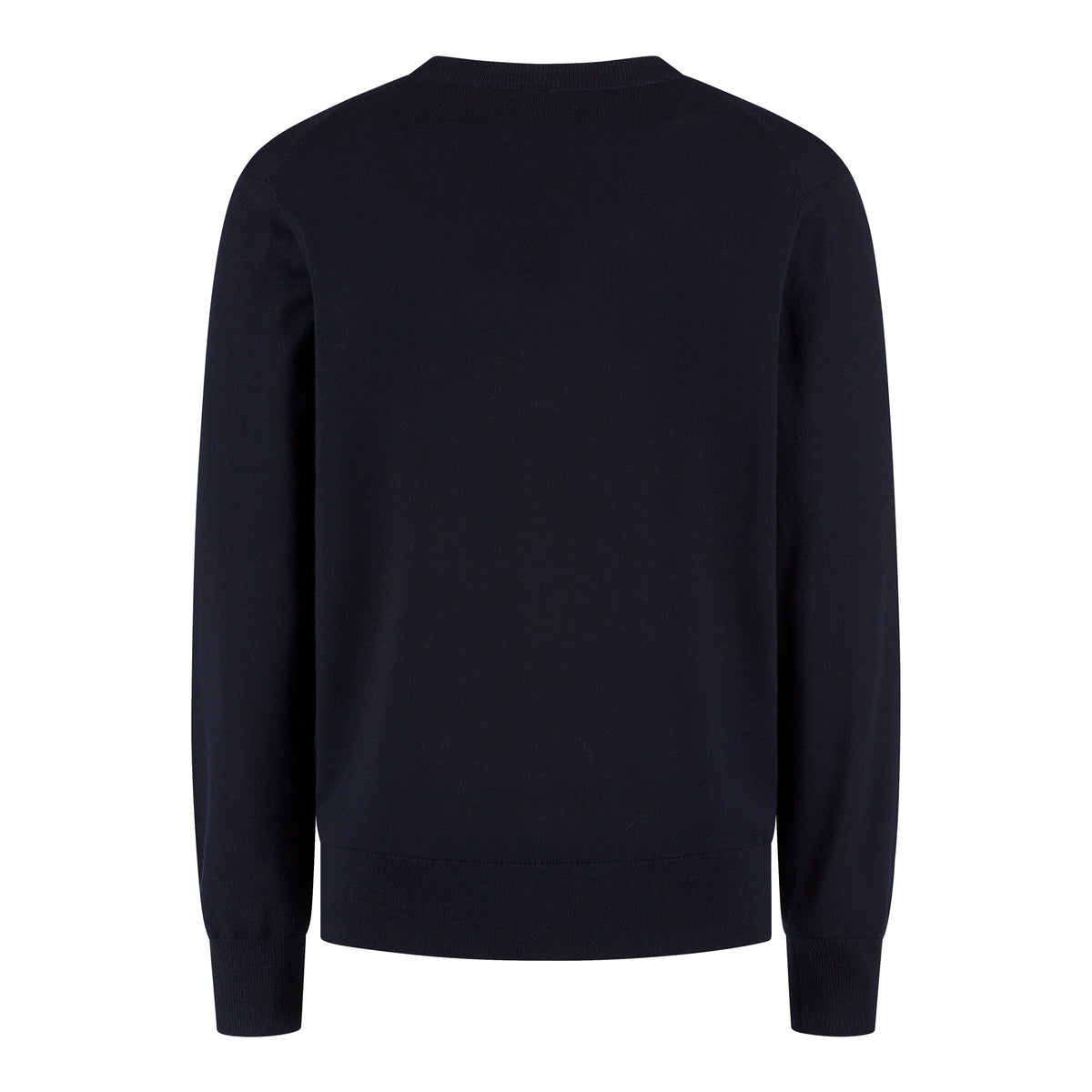 WAHTS Reynolds night blue merino crewneck pullover, back view, ribbed hem and cuffs