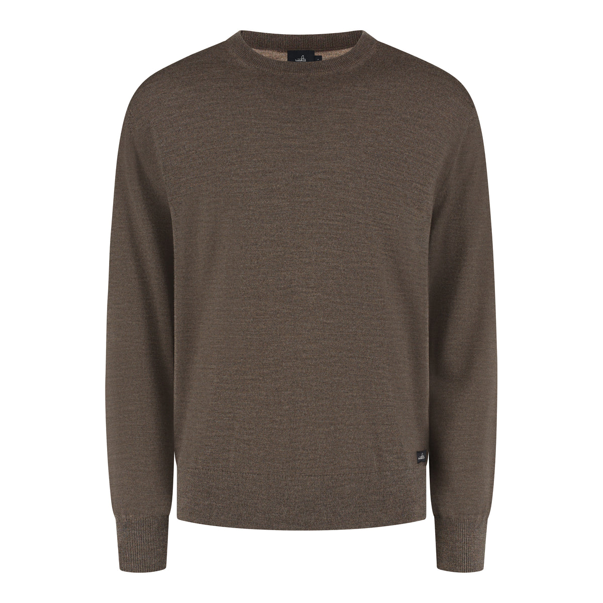 Taupe melange merino crewneck pullover with ribbed crew neckline and cuffs