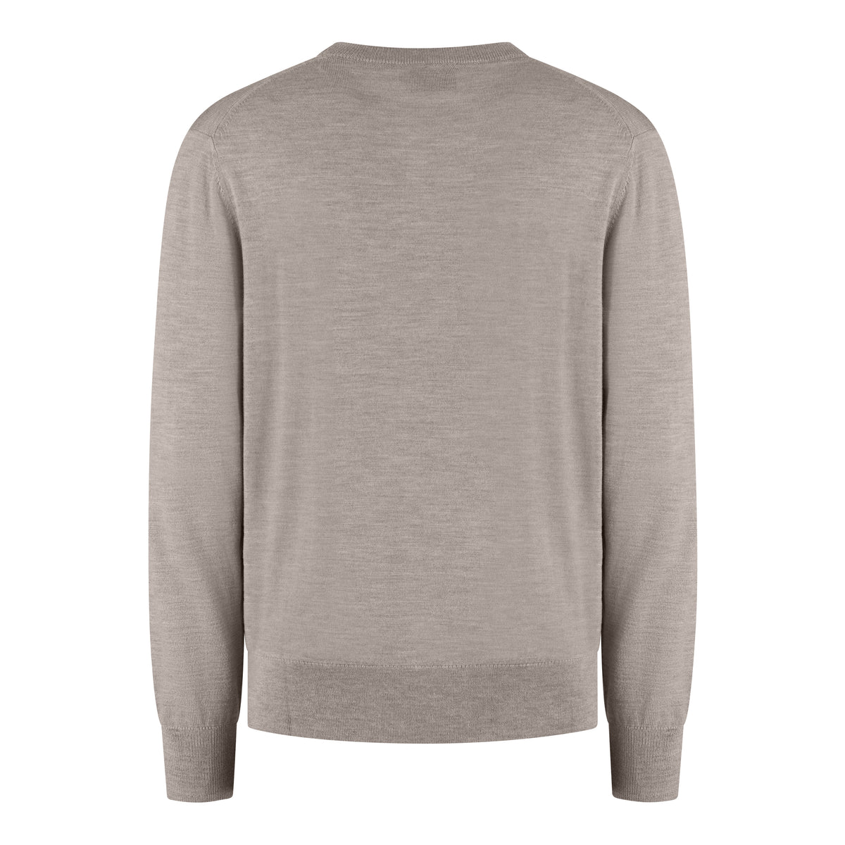 Light taupe merino sweater cardigan back view with crew neckline and long sleeves