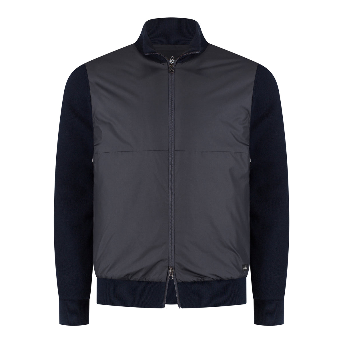 Two-tone hybrid jacket with dark navy knit sleeves, stand collar, and full zip front.