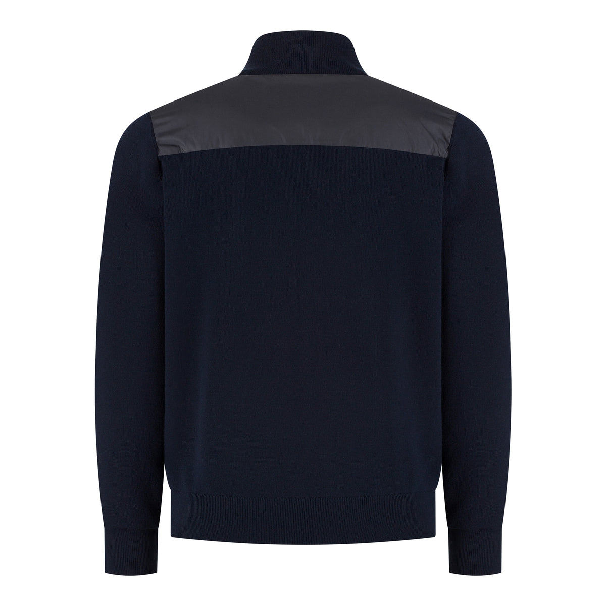 Hybrid jacket back view with navy knit sleeves and stand collar, full zip at center.