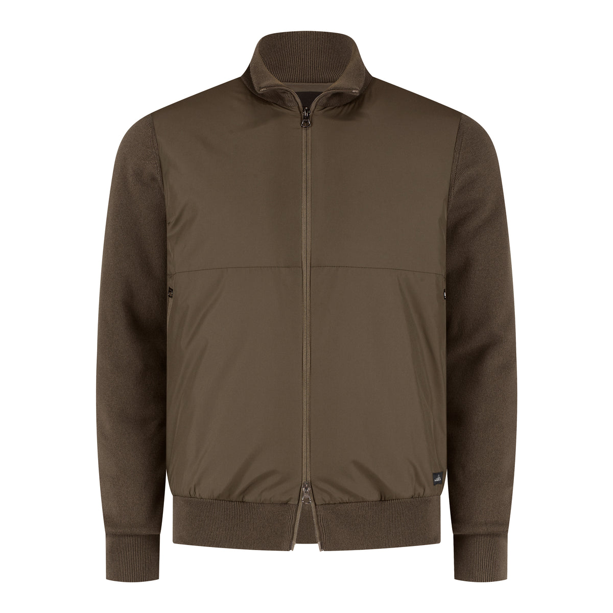 Dark olive hybrid cotton merino jacket with full-zip front and ribbed collar