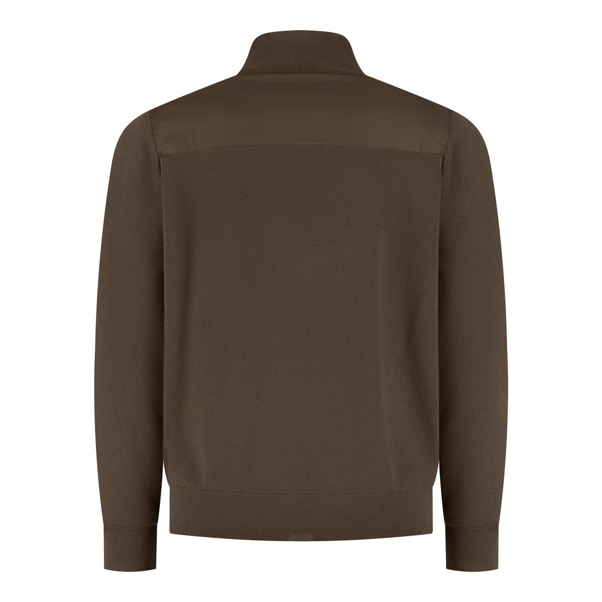 Dark olive hybrid jacket back view with full-zip and ribbed knit hem